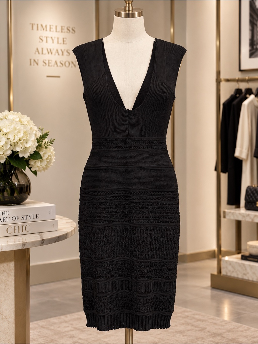 Catherine Malandrino Black Knit Dress Deep V Front Back Textured Large Mid-Knee